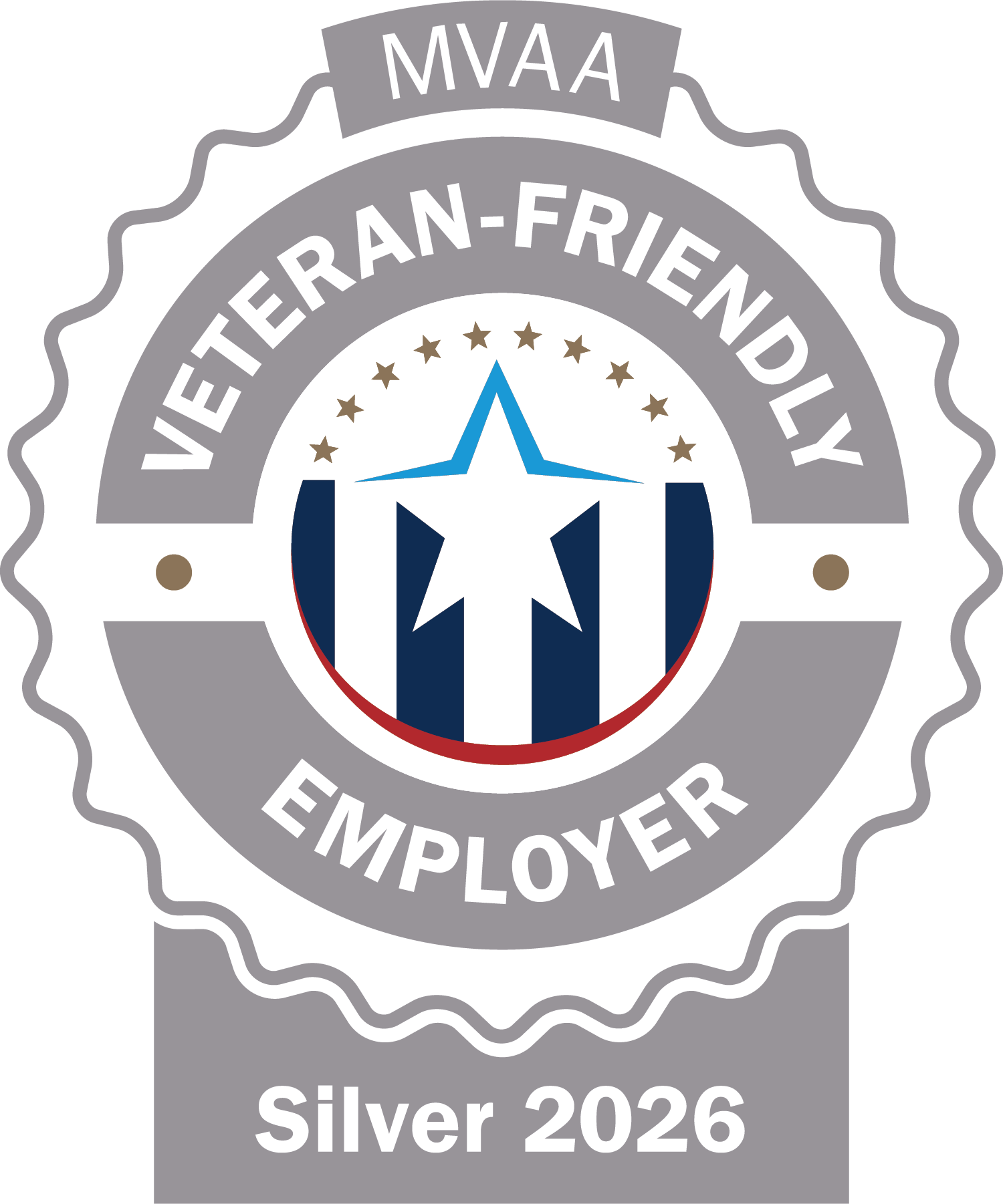 2026 Silver Veteran Friendly Employer Logo. Silver ribbon with red, white, and blue stars and stripes. 